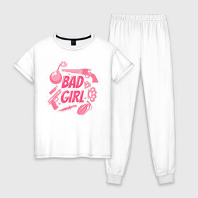 Женская пижама хлопок с принтом Bad girl в Санкт-Петербурге, 100% хлопок | брюки и футболка прямого кроя, без карманов, на брюках мягкая резинка на поясе и по низу штанин | 8 марта | girl power | весна | девушке | женская сила | женский | мама | подарок | тренд | феминизм | цветы