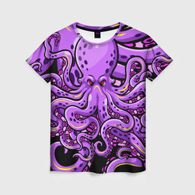 Женская футболка 3D с принтом Кровожадный осьминог в Санкт-Петербурге, 100% полиэфир ( синтетическое хлопкоподобное полотно) | прямой крой, круглый вырез горловины, длина до линии бедер | Тематика изображения на принте: art | octopus | арт | глаза | голова | животные | красные | монстр | осьминог | щупальца