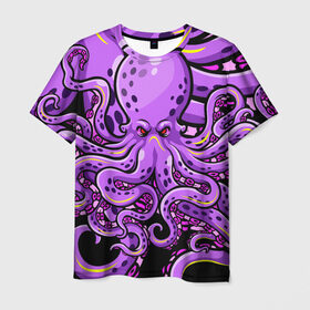 Мужская футболка 3D с принтом Кровожадный осьминог в Санкт-Петербурге, 100% полиэфир | прямой крой, круглый вырез горловины, длина до линии бедер | Тематика изображения на принте: art | octopus | арт | глаза | голова | животные | красные | монстр | осьминог | щупальца
