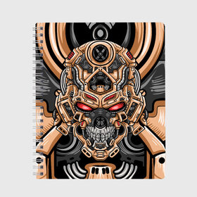 Тетрадь с принтом CyberSkull в Санкт-Петербурге, 100% бумага | 48 листов, плотность листов — 60 г/м2, плотность картонной обложки — 250 г/м2. Листы скреплены сбоку удобной пружинной спиралью. Уголки страниц и обложки скругленные. Цвет линий — светло-серый
 | Тематика изображения на принте: cyberpunk | evil | head | mask | mechanical | rage | robot | skull | арт | гнев | голова | демон | дьявол | злой | киберпанк | маска | механический | монстр | робот | рога | самурай | череп