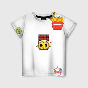 Детская футболка 3D с принтом Милая еда в Санкт-Петербурге, 100% гипоаллергенный полиэфир | прямой крой, круглый вырез горловины, длина до линии бедер, чуть спущенное плечо, ткань немного тянется | авокадо | еда | единорог | картошка | милашки | шоколадка