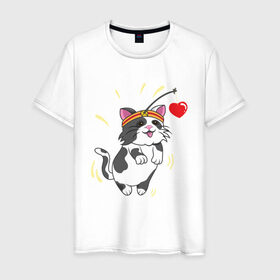 Мужская футболка хлопок с принтом Котик (День Святого Валентина) в Санкт-Петербурге, 100% хлопок | прямой крой, круглый вырез горловины, длина до линии бедер, слегка спущенное плечо. | angel | cat | cats | day | heart | love | romantic | valentine | valentines | амур | ангел | валентина | влюбленные | влюбленных | всех | день | кот | котик | кошка | купидон | любовь | романтика | романтичность | святого | сердечки | се