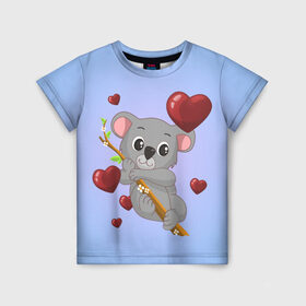 Детская футболка 3D с принтом Коала в Санкт-Петербурге, 100% гипоаллергенный полиэфир | прямой крой, круглый вырез горловины, длина до линии бедер, чуть спущенное плечо, ткань немного тянется | Тематика изображения на принте: day | heart | koala | love | romantic | valentine | valentines | амур | валентина | влюбленные | влюбленных | всех | день | коала | купидон | любовь | романтика | романтичность | святого | сердечки | сердечко | сердце