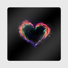 Магнит виниловый Квадрат с принтом пламенное сердце на черном в Санкт-Петербурге, полимерный материал с магнитным слоем | размер 9*9 см, закругленные углы | любовь | огонь | пламя | пылает | радужный огонь | сердечко | сердце | темный фон | чувства