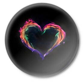 Значок с принтом пламенное сердце на черном в Санкт-Петербурге,  металл | круглая форма, металлическая застежка в виде булавки | любовь | огонь | пламя | пылает | радужный огонь | сердечко | сердце | темный фон | чувства