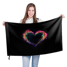 Флаг 3D с принтом пламенное сердце на черном в Санкт-Петербурге, 100% полиэстер | плотность ткани — 95 г/м2, размер — 67 х 109 см. Принт наносится с одной стороны | Тематика изображения на принте: любовь | огонь | пламя | пылает | радужный огонь | сердечко | сердце | темный фон | чувства