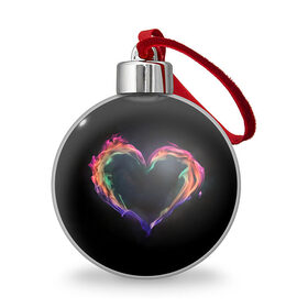 Ёлочный шар с принтом пламенное сердце на черном в Санкт-Петербурге, Пластик | Диаметр: 77 мм | любовь | огонь | пламя | пылает | радужный огонь | сердечко | сердце | темный фон | чувства