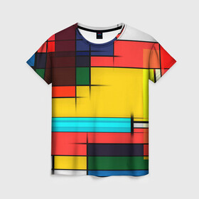 Женская футболка 3D с принтом абстрактные фигуры цвета в Санкт-Петербурге, 100% полиэфир ( синтетическое хлопкоподобное полотно) | прямой крой, круглый вырез горловины, длина до линии бедер | абстракция | геометрия | краски | кубизм | линии | под все | прямоугольники | современное искусство | текстуры | тренды | фигуры | цвета | яркий
