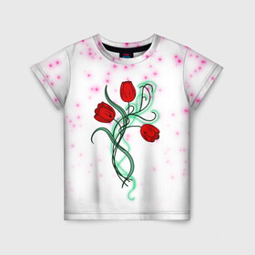 Детская футболка 3D с принтом Весенний вальс в Санкт-Петербурге, 100% гипоаллергенный полиэфир | прямой крой, круглый вырез горловины, длина до линии бедер, чуть спущенное плечо, ткань немного тянется | Тематика изображения на принте: 8 марта | love | tulips | алые | бабушка | букет | бутоны | весна | девушке | дочь | жена | женщинам | красные цветы | лепестки | лето | листья | лучшая | любимая | любовь | мама | подарок | природа