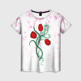 Женская футболка 3D с принтом Весенний вальс в Санкт-Петербурге, 100% полиэфир ( синтетическое хлопкоподобное полотно) | прямой крой, круглый вырез горловины, длина до линии бедер | 8 марта | love | tulips | алые | бабушка | букет | бутоны | весна | девушке | дочь | жена | женщинам | красные цветы | лепестки | лето | листья | лучшая | любимая | любовь | мама | подарок | природа