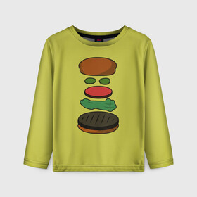 Детский лонгслив 3D с принтом Бургер в разборе в Санкт-Петербурге, 100% полиэстер | длинные рукава, круглый вырез горловины, полуприлегающий силуэт
 | fastfood | food | pattern | бургер | бургер кинг | гамбургер | еда | макдональдс | паттерн | фастфуд