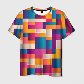 Мужская футболка 3D с принтом Геометрический фигуры яркие в Санкт-Петербурге, 100% полиэфир | прямой крой, круглый вырез горловины, длина до линии бедер | абстракция | геометрия | игра | кубы | лего | математика | прямоугольники | текстура | узор | фигуры | хаотичный | яркие