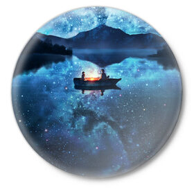 Значок с принтом пара на лодке на озере ночью в Санкт-Петербурге,  металл | круглая форма, металлическая застежка в виде булавки | аниме | вдвоем | вместе | горы | двое | звезды | лодка | небо | ночь | озеро | пара | прогулка | река | рисунок | романтика | свидание