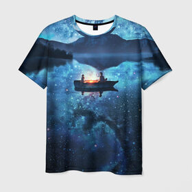 Мужская футболка 3D с принтом пара на лодке на озере ночью в Санкт-Петербурге, 100% полиэфир | прямой крой, круглый вырез горловины, длина до линии бедер | аниме | вдвоем | вместе | горы | двое | звезды | лодка | небо | ночь | озеро | пара | прогулка | река | рисунок | романтика | свидание