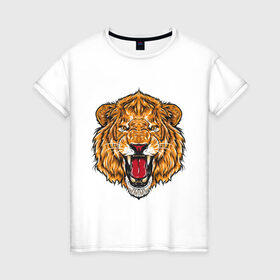 Женская футболка хлопок с принтом Голова льва в Санкт-Петербурге, 100% хлопок | прямой крой, круглый вырез горловины, длина до линии бедер, слегка спущенное плечо | head | lion | predator | голова | лев | хищник