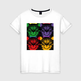 Женская футболка хлопок с принтом Коты в Санкт-Петербурге, 100% хлопок | прямой крой, круглый вырез горловины, длина до линии бедер, слегка спущенное плечо | cat | popcat | кот | котик | кошка | кошки | разноцветные коты | смешные коты