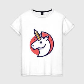 Женская футболка хлопок с принтом Единорог с карандашом в Санкт-Петербурге, 100% хлопок | прямой крой, круглый вырез горловины, длина до линии бедер, слегка спущенное плечо | horse | pegasus | pencil | unicorn | единорог | карандаш | конь | лошадь | пегас