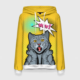 Женская толстовка 3D с принтом Pop Art Cat | Wow в Санкт-Петербурге, 100% полиэстер  | двухслойный капюшон со шнурком для регулировки, мягкие манжеты на рукавах и по низу толстовки, спереди карман-кенгуру с мягким внутренним слоем. | cat | cats | pop art cat | pop cat | кот | коты | кошка | поп арт кот