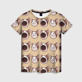 Женская футболка 3D с принтом поп кэт в Санкт-Петербурге, 100% полиэфир ( синтетическое хлопкоподобное полотно) | прямой крой, круглый вырез горловины, длина до линии бедер | popping cat | кот | мем