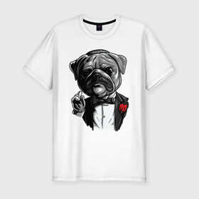 Мужская футболка хлопок Slim с принтом The Dogfather в Санкт-Петербурге, 92% хлопок, 8% лайкра | приталенный силуэт, круглый вырез ворота, длина до линии бедра, короткий рукав | bulldog | dogfather | godfather | movie | pug | бульдог | крестный отец | мопс | фильм