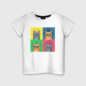 Детская футболка хлопок с принтом Pop Cat в Санкт-Петербурге, 100% хлопок | круглый вырез горловины, полуприлегающий силуэт, длина до линии бедер | Тематика изображения на принте: art | cat | colorful | mem | meme | memes | music | pop | rainbow | retro | style | арт | буп | кот | котенок | котик | котэ | краски | красочный | мем | мемы | музыка | ретро