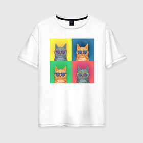 Женская футболка хлопок Oversize с принтом Pop Cat в Санкт-Петербурге, 100% хлопок | свободный крой, круглый ворот, спущенный рукав, длина до линии бедер
 | art | cat | colorful | mem | meme | memes | music | pop | rainbow | retro | style | арт | буп | кот | котенок | котик | котэ | краски | красочный | мем | мемы | музыка | ретро