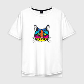 Мужская футболка хлопок Oversize с принтом Pop art Cat в Санкт-Петербурге, 100% хлопок | свободный крой, круглый ворот, “спинка” длиннее передней части | art | cat | colors | paints | pop | riot | арт | буйство | буп | кот | кошка | краски | поп