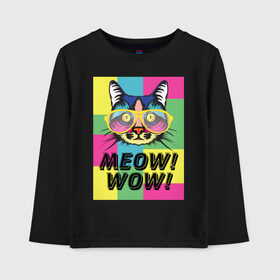 Детский лонгслив хлопок с принтом Pop Cat Meow Wow! в Санкт-Петербурге, 100% хлопок | круглый вырез горловины, полуприлегающий силуэт, длина до линии бедер | Тематика изображения на принте: cat | kitty | meow | popcat | wow | кот | кошка | мяв | мяу | поп кет | поп кошка