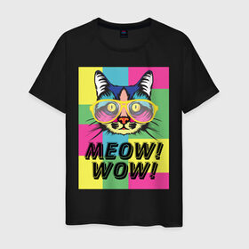Мужская футболка хлопок с принтом Pop Cat | Meow Wow! в Санкт-Петербурге, 100% хлопок | прямой крой, круглый вырез горловины, длина до линии бедер, слегка спущенное плечо. | cat | kitty | meow | popcat | wow | кот | кошка | мяв | мяу | поп кет | поп кошка