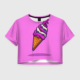 Женская футболка Crop-top 3D с принтом Специальное мороженое в Санкт-Петербурге, 100% полиэстер | круглая горловина, длина футболки до линии талии, рукава с отворотами | девушки | мороженое | особый | привлекательный | розовый