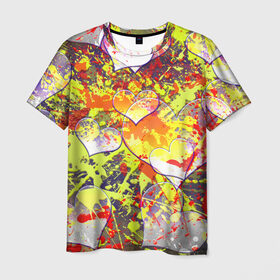 Мужская футболка 3D с принтом Красочный взрыв сердец в Санкт-Петербурге, 100% полиэфир | прямой крой, круглый вырез горловины, длина до линии бедер | heart | брызги | брызги красок | много сердец | сердце