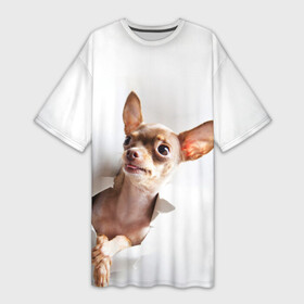 Платье-футболка 3D с принтом Чихуахуа из бумаги вылазит в Санкт-Петербурге,  |  | гав | любитель собак | меленьктй пес | мини пес | песель | песик | собака | собачка | собачник | собачница | чихуахуа | чихуашка | щенек