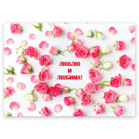 Поздравительная открытка с принтом люблю и любима подарок розы в Санкт-Петербурге, 100% бумага | плотность бумаги 280 г/м2, матовая, на обратной стороне линовка и место для марки
 | Тематика изображения на принте: валентинов день | гордо | громко | девушке | жене | женский | любимой | люблю и любима | любовь | нежный | подарок | розовый | розы | фраза | чесно | чехол