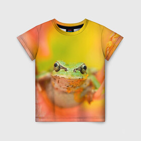Детская футболка 3D с принтом лягушка в цветке мило в Санкт-Петербурге, 100% гипоаллергенный полиэфир | прямой крой, круглый вырез горловины, длина до линии бедер, чуть спущенное плечо, ткань немного тянется | Тематика изображения на принте: жаба | жабка | земноводное | ква | квакуха | лягушенок | лягушка | макро | мило | природа | пыльца | цветок