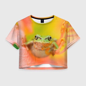 Женская футболка Crop-top 3D с принтом лягушка в цветке мило в Санкт-Петербурге, 100% полиэстер | круглая горловина, длина футболки до линии талии, рукава с отворотами | жаба | жабка | земноводное | ква | квакуха | лягушенок | лягушка | макро | мило | природа | пыльца | цветок