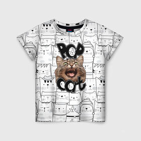 Детская футболка 3D с принтом Pop Cat в Санкт-Петербурге, 100% гипоаллергенный полиэфир | прямой крой, круглый вырез горловины, длина до линии бедер, чуть спущенное плечо, ткань немного тянется | Тематика изображения на принте: pop cat | wide mouthed popping cat | арты | буп | мемы