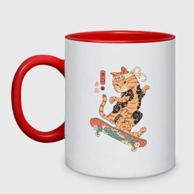 Кружка двухцветная с принтом Кот Якудза в Санкт-Петербурге, керамика | объем — 330 мл, диаметр — 80 мм. Цветная ручка и кайма сверху, в некоторых цветах — вся внутренняя часть | cat | cats | japan | ninja | samurai | skateboard | skater | tattoo | tegunvteg | yakuza | катана | кот | котенок | коты | котэ | котята | кошка | ниндзя | самурай | скейтборд | скейтбординг | скейтер | тату | татуировка | татуировки