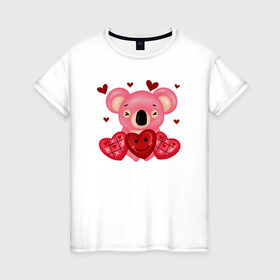 Женская футболка хлопок с принтом Коала в Санкт-Петербурге, 100% хлопок | прямой крой, круглый вырез горловины, длина до линии бедер, слегка спущенное плечо | 14 февраля | день всех влюбленных | любовь | медведь | панда | розовый | сердечки
