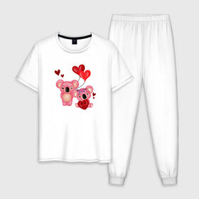 Мужская пижама хлопок с принтом Коала в Санкт-Петербурге, 100% хлопок | брюки и футболка прямого кроя, без карманов, на брюках мягкая резинка на поясе и по низу штанин
 | Тематика изображения на принте: 14 февраля | день всех влюбленных | любовь | медведь | панда | розовый | сердечки