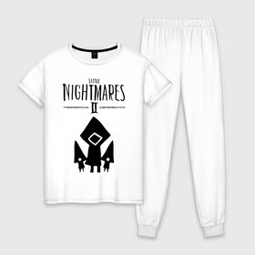 Женская пижама хлопок с принтом Логотип Little Nightmares 2 в Санкт-Петербурге, 100% хлопок | брюки и футболка прямого кроя, без карманов, на брюках мягкая резинка на поясе и по низу штанин | девочка | лого | монстры | надпись | темная комната | ужасы | шестая