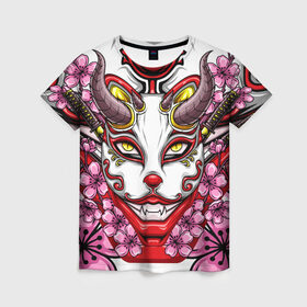Женская футболка 3D с принтом Японский демон в Санкт-Петербурге, 100% полиэфир ( синтетическое хлопкоподобное полотно) | прямой крой, круглый вырез горловины, длина до линии бедер | demon | fox | japanese | mask | арт | голова | демон | маска | монстр | рисунок | рога | цветы | японский