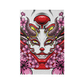 Обложка для паспорта матовая кожа с принтом Японский демон в Санкт-Петербурге, натуральная матовая кожа | размер 19,3 х 13,7 см; прозрачные пластиковые крепления | demon | fox | japanese | mask | арт | голова | демон | маска | монстр | рисунок | рога | цветы | японский