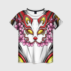 Женская футболка 3D с принтом Японский демон в Санкт-Петербурге, 100% полиэфир ( синтетическое хлопкоподобное полотно) | прямой крой, круглый вырез горловины, длина до линии бедер | demon | fox | japanese | mask | арт | голова | демон | маска | монстр | рисунок | цветы | японский