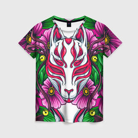 Женская футболка 3D с принтом Японский демон в Санкт-Петербурге, 100% полиэфир ( синтетическое хлопкоподобное полотно) | прямой крой, круглый вырез горловины, длина до линии бедер | demon | fox | japanese | mask | арт | голова | демон | маска | монстр | рисунок | цветы | японский