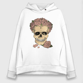 Женское худи Oversize хлопок с принтом Skull Roses в Санкт-Петербурге, френч-терри — 70% хлопок, 30% полиэстер. Мягкий теплый начес внутри —100% хлопок | боковые карманы, эластичные манжеты и нижняя кромка, капюшон на магнитной кнопке | art | body | bones | dead | drawing | face | graffiti | head | roses | skeleton | skul | skull | ад | арт | голова | граффити | зло | кости | лицо | металл | нарисованный | розы | рок | скелет | скул | скулл | три черепа | тьма