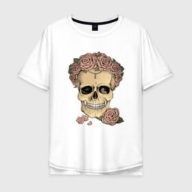 Мужская футболка хлопок Oversize с принтом Skull Roses в Санкт-Петербурге, 100% хлопок | свободный крой, круглый ворот, “спинка” длиннее передней части | Тематика изображения на принте: art | body | bones | dead | drawing | face | graffiti | head | roses | skeleton | skul | skull | ад | арт | голова | граффити | зло | кости | лицо | металл | нарисованный | розы | рок | скелет | скул | скулл | три черепа | тьма