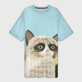 Платье-футболка 3D с принтом Grumpy Cat | акварель  art в Санкт-Петербурге,  |  | grumpy cat | весна | кот | котэ | кошка | сердитая кошка | цветок | цветы