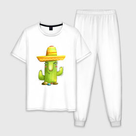 Мужская пижама хлопок с принтом Кактус в Санкт-Петербурге, 100% хлопок | брюки и футболка прямого кроя, без карманов, на брюках мягкая резинка на поясе и по низу штанин
 | горшок | кактусик | мексиканец | цветы | шляпа