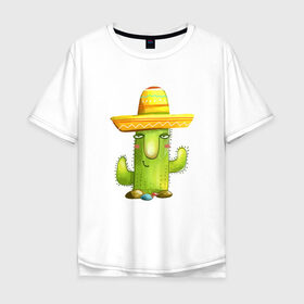 Мужская футболка хлопок Oversize с принтом Кактус в Санкт-Петербурге, 100% хлопок | свободный крой, круглый ворот, “спинка” длиннее передней части | горшок | кактусик | мексиканец | цветы | шляпа
