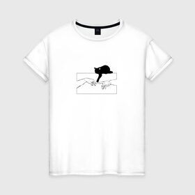 Женская футболка хлопок с принтом Сотворение Адама и котик в Санкт-Петербурге, 100% хлопок | прямой крой, круглый вырез горловины, длина до линии бедер, слегка спущенное плечо | животные | искусство | картинка | кот | котик | кошка | прикол | сотворение адама